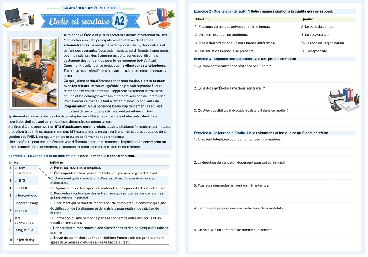 Aperçu des 2 pages de la version A2 Élodie est secrétaire