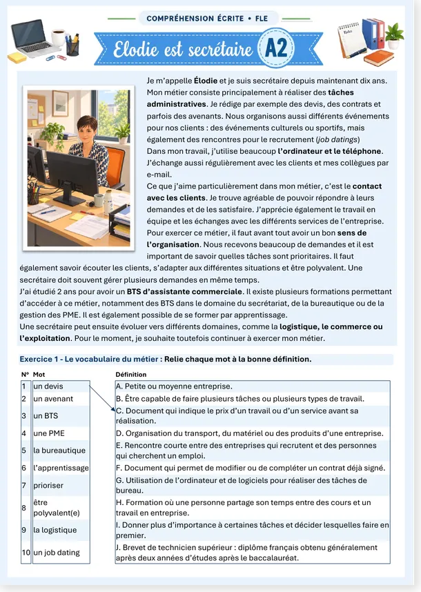 Version A2 de la compréhension écrite Élodie est secrétaire - page 1