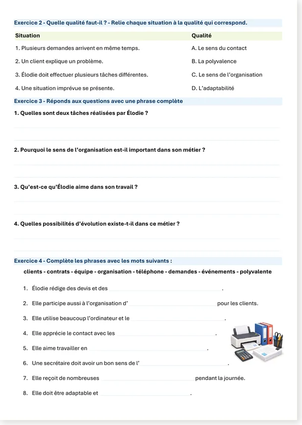 Version A2 de la compréhension écrite Élodie est secrétaire - page 2
