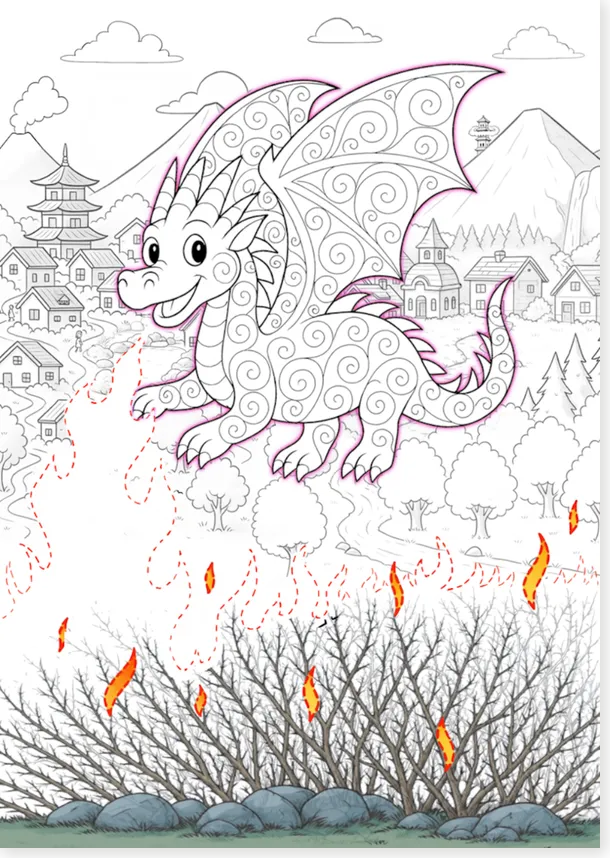 Coloriage magique : dragon protecteur et ronces en feu