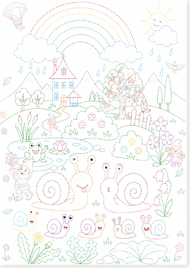 Version alternative : famille d'escargots avec nains, oiseaux et pommier