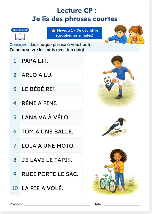 Fiche de lecture : 10 phrases courtes en majuscules, dès 4 ans