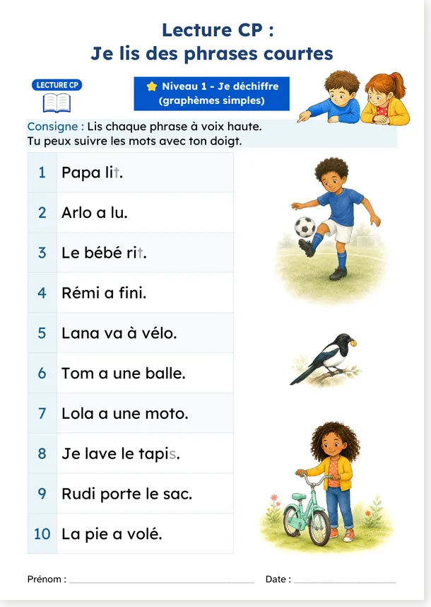 Fiche de lecture CP : 10 phrases courtes en minuscules