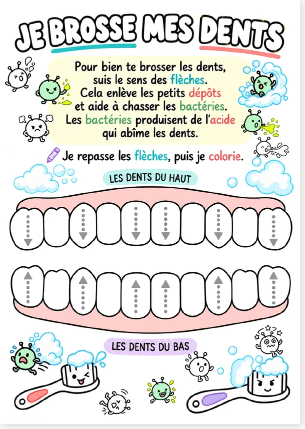 Fiche maternelle : je brosse mes dents, trace et colorie