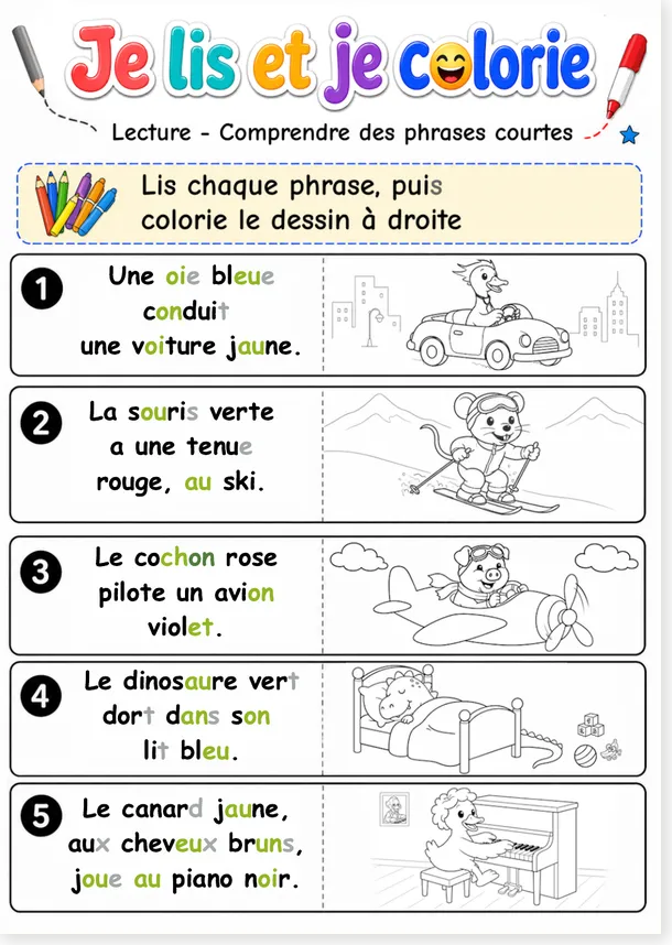 Aperçu de l'exercice 3 Phrases drôles Je lis et je colorie