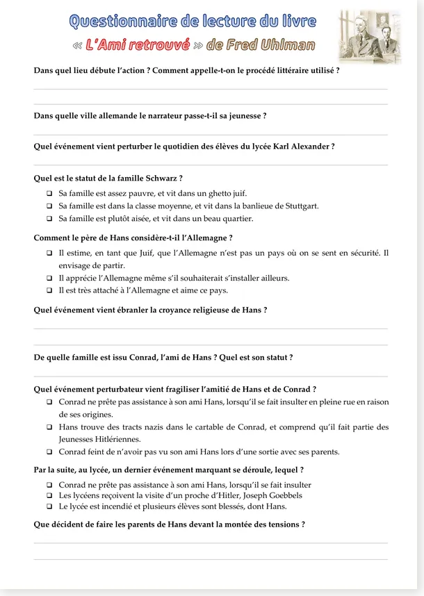 Questionnaire de lecture L'Ami retrouvé - page 1
