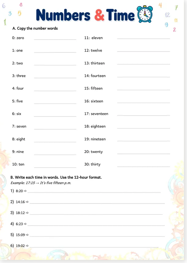 Aperçu de l'exercice d'anglais Numbers and Time