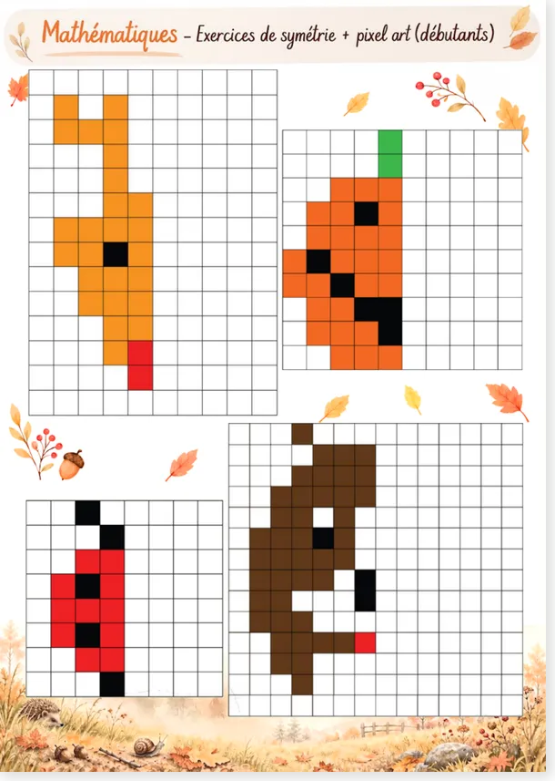 Exercice de symétrie pixel art, thème automne