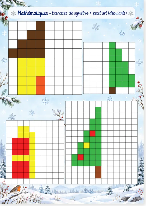 Exercice de symétrie pixel art, thème hiver