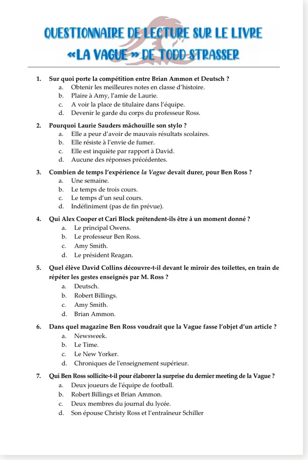 Aperçu page 1 du questionnaire de lecture La Vague