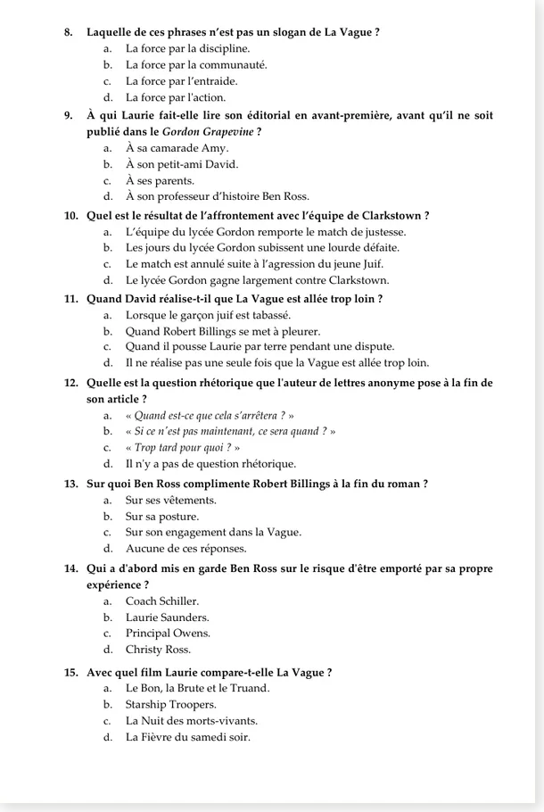 Aperçu page 2 du questionnaire de lecture La Vague