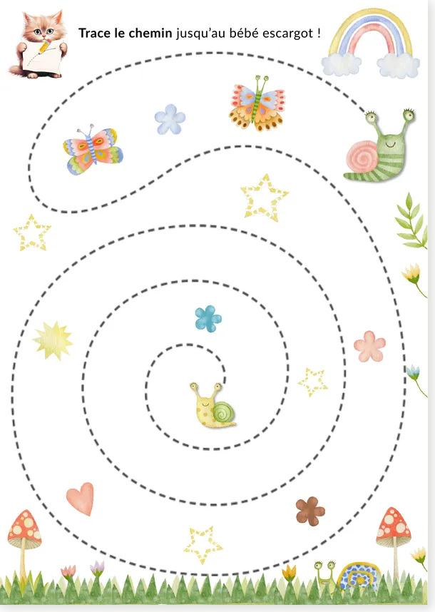 Fiche de graphisme : trace le chemin jusqu'au bébé escargot