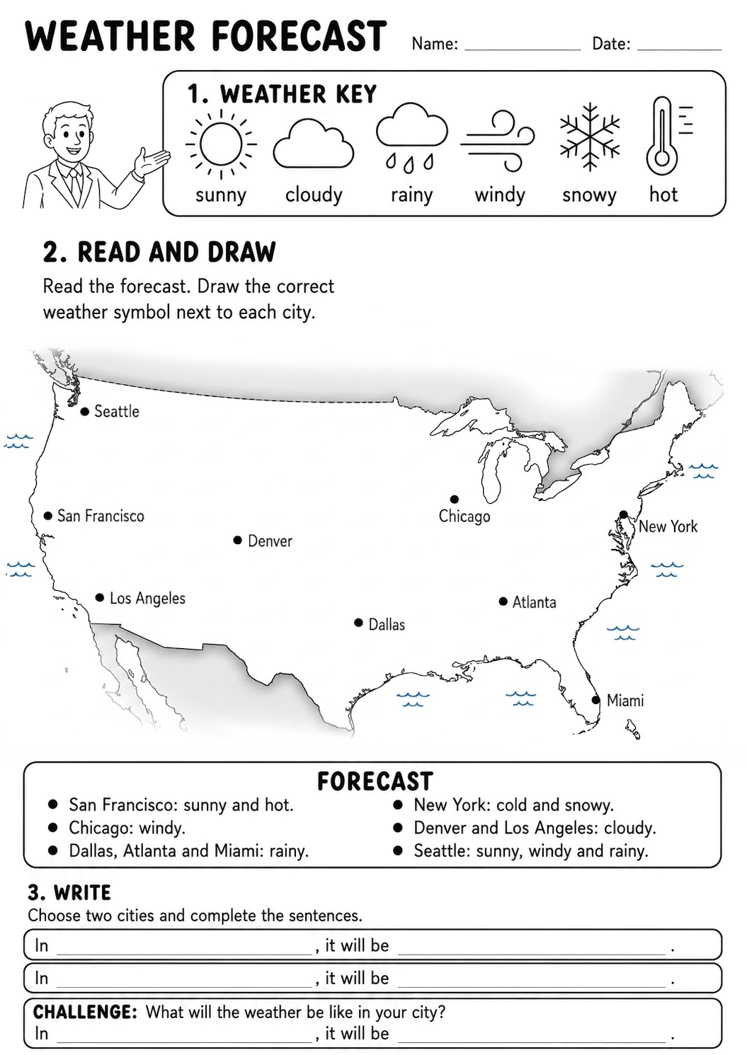 Weather forecast USA worksheet, A4 version: weather key, map and writing task