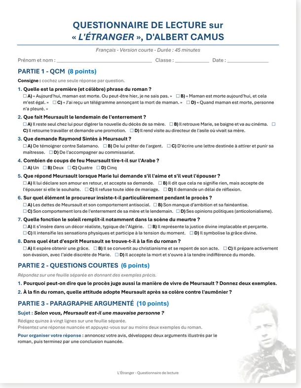 Version courte du questionnaire de lecture sur L'Étranger