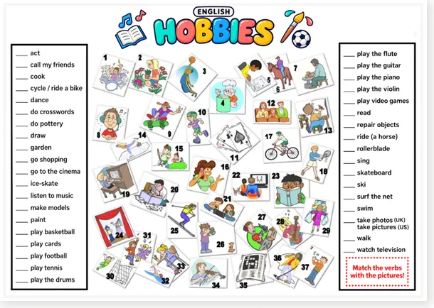 Aperçu de la fiche d'anglais : Vocabulaire des activités & hobbies