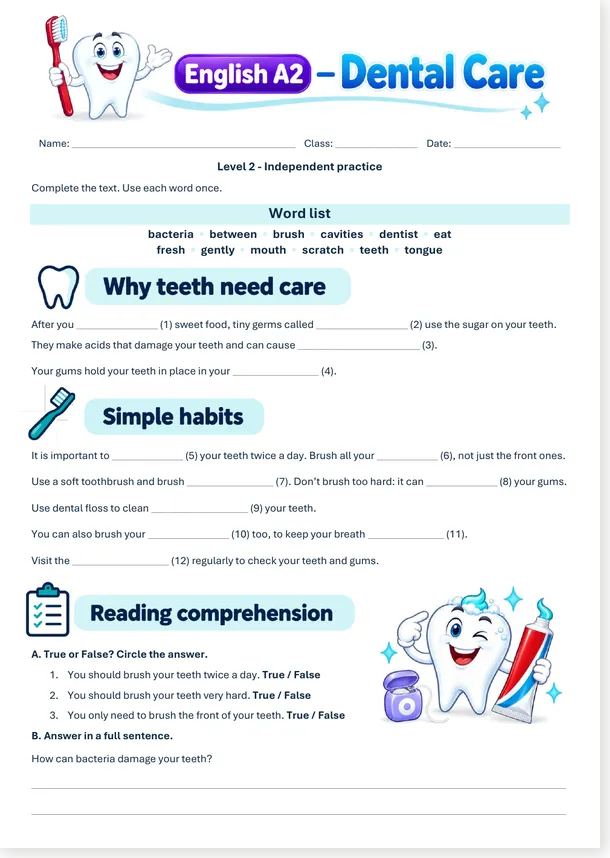 Dental care : Texte à compléter - niveau A2