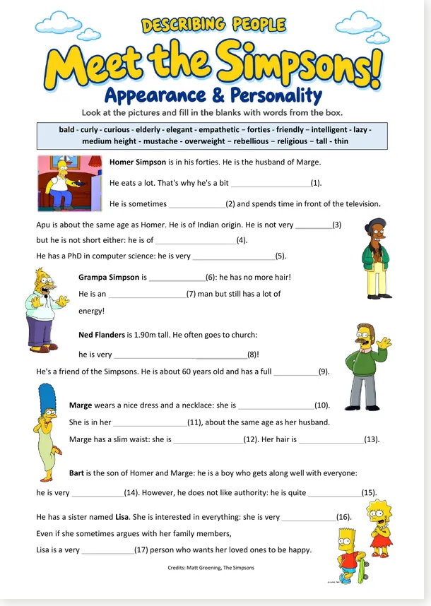 Anglais A1-A2 : la famille Simpson (exercice gratuit sur les adjectifs et caractéristiques physiques)