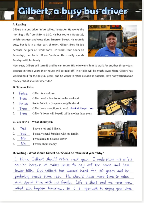Corrigé de l'exercice Gilbert, the busy bus driver