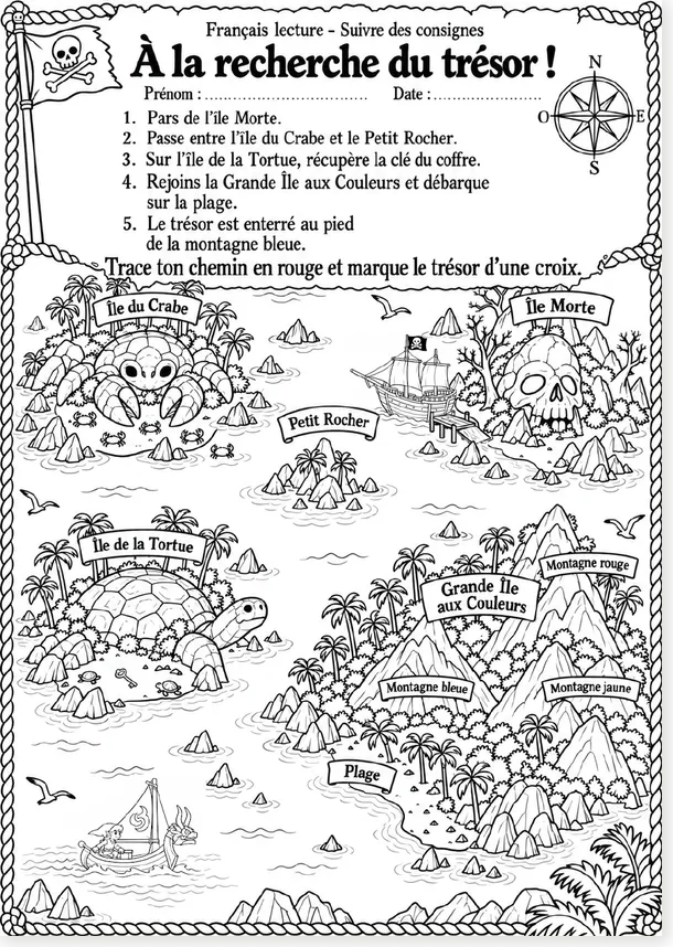 Aperçu de l'exercice de lecture : à la recherche du trésor (version noir et blanc)