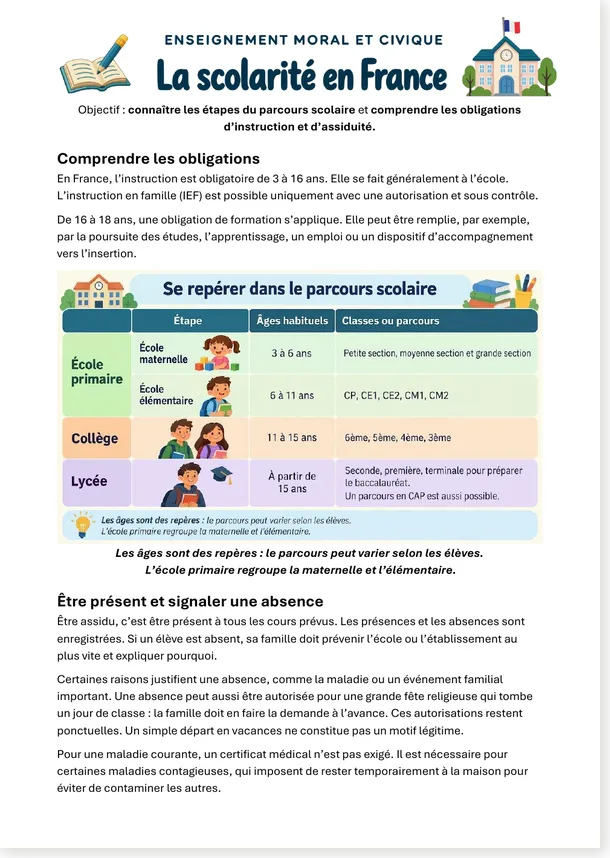 La scolarité en France : texte explicatif et tableau du parcours de la maternelle au lycée