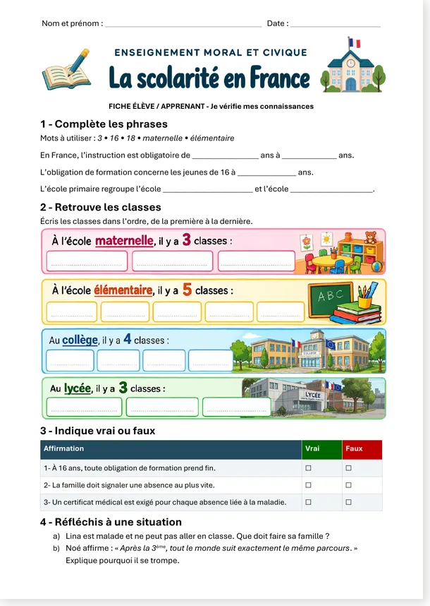 Exercices sur la scolarité en France : phrases à compléter, classes à retrouver, vrai ou faux et situations