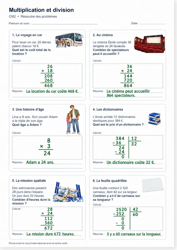 Solution de l'exercice : calculs posés et phrases-réponses